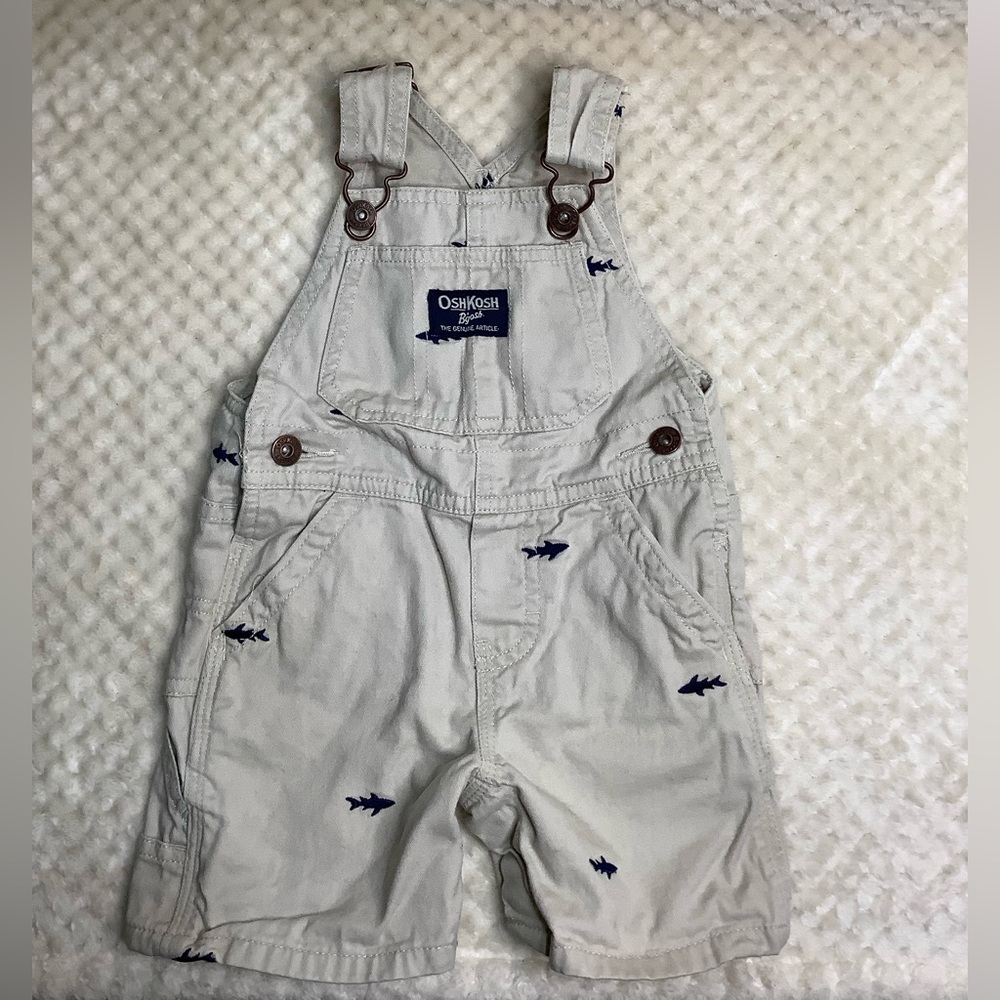 OshKosh B'gosh Cream and Blue Shark Pattern Shortalls Overalls Classic Style 12M